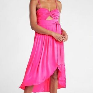 NWT Express Satin Side Tie Cutout MIDI Dress in Hot Neon Pink Large